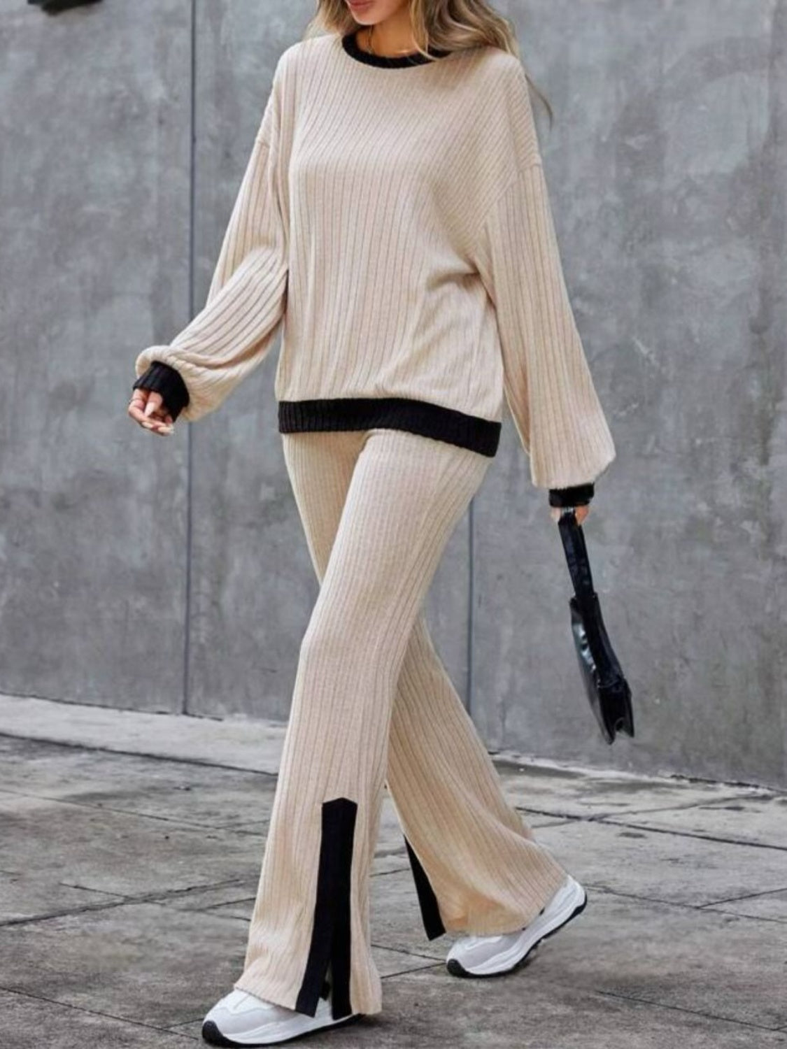 Contrast Round Neck Long Sleeve Top and Bootcut Pants Set - Charming Charlie