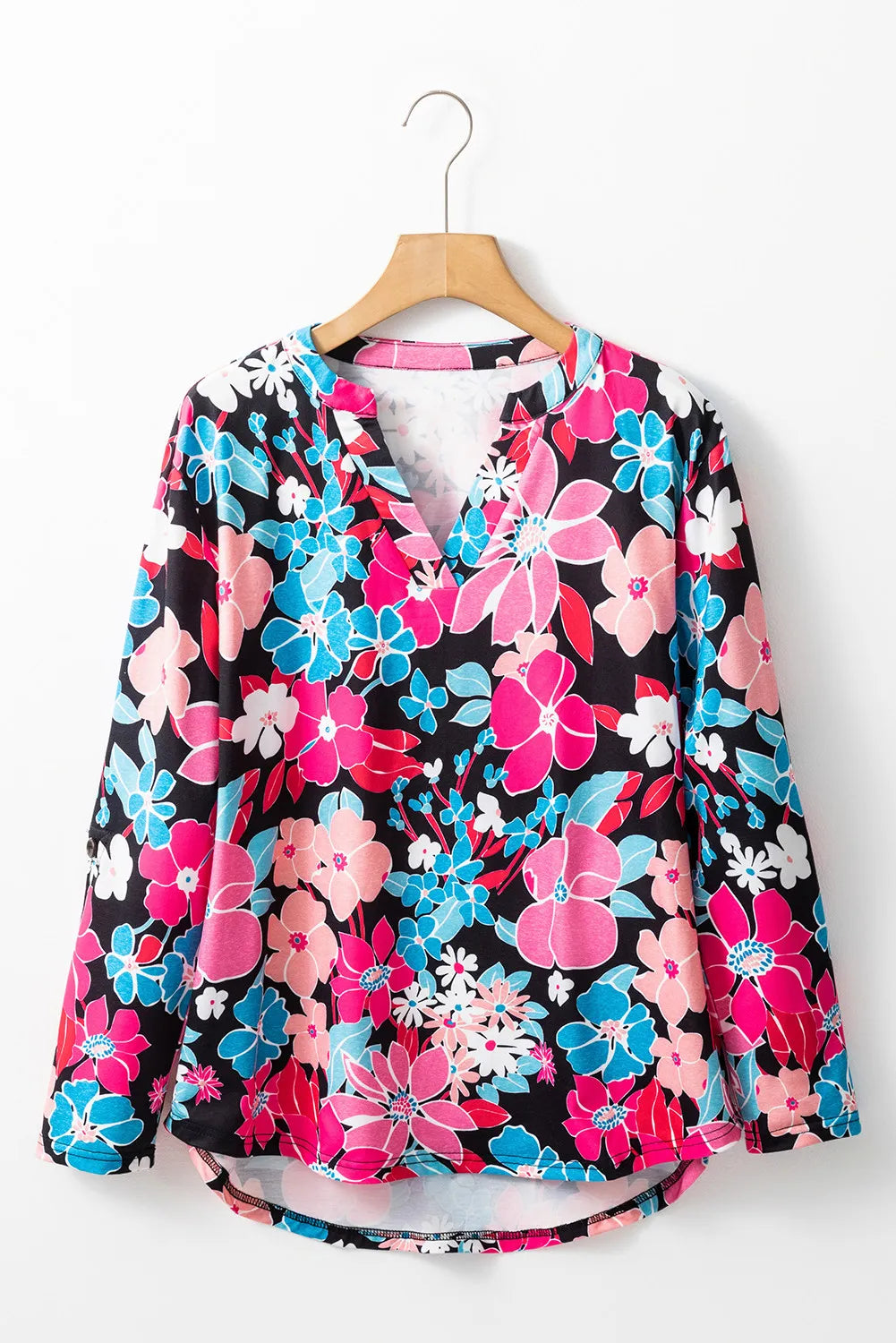 Floral Notched Long Sleeve Blouse - Charming Charlie