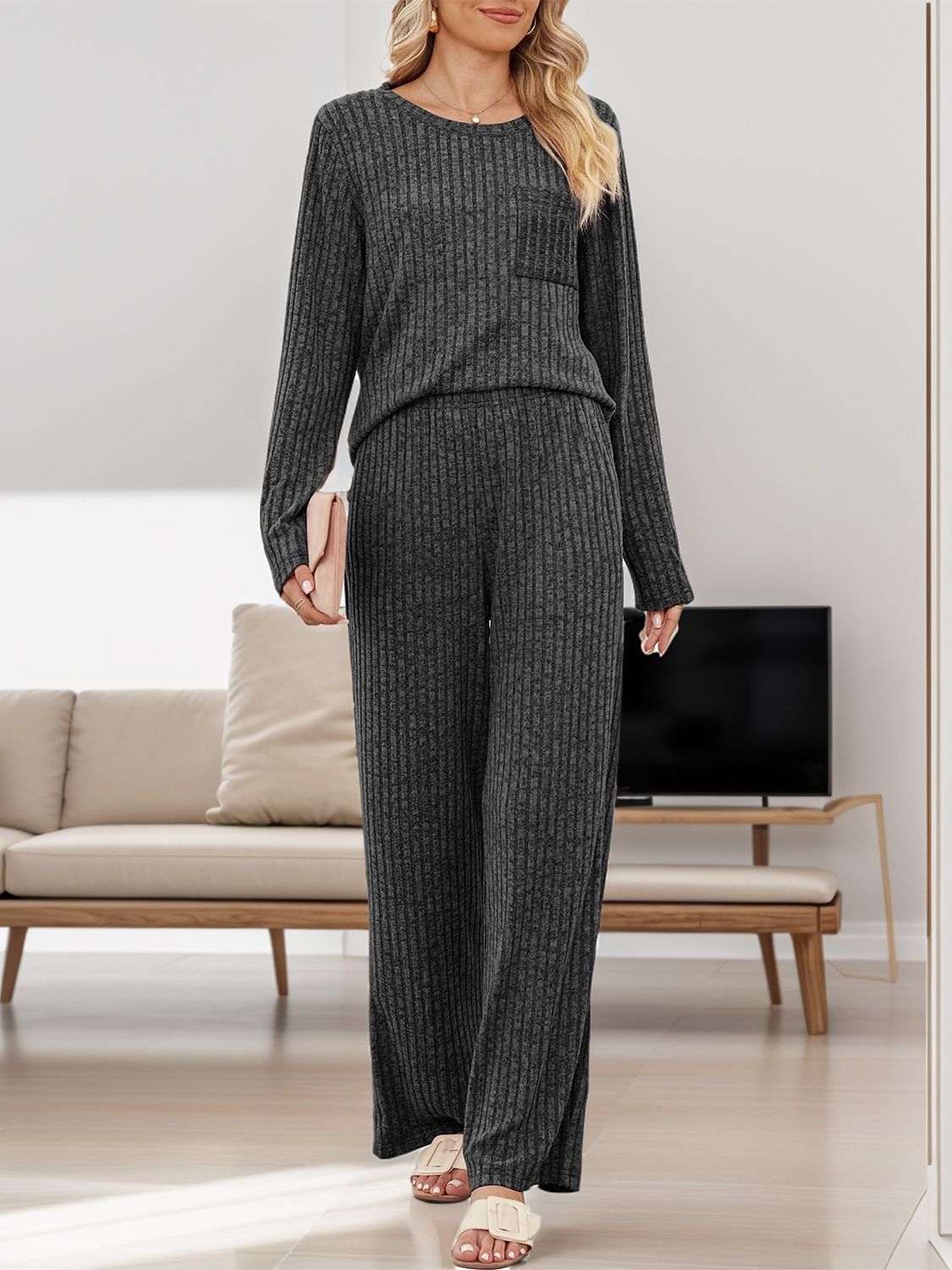 Round Neck Long Sleeve Top and Pants Set - Charming Charlie