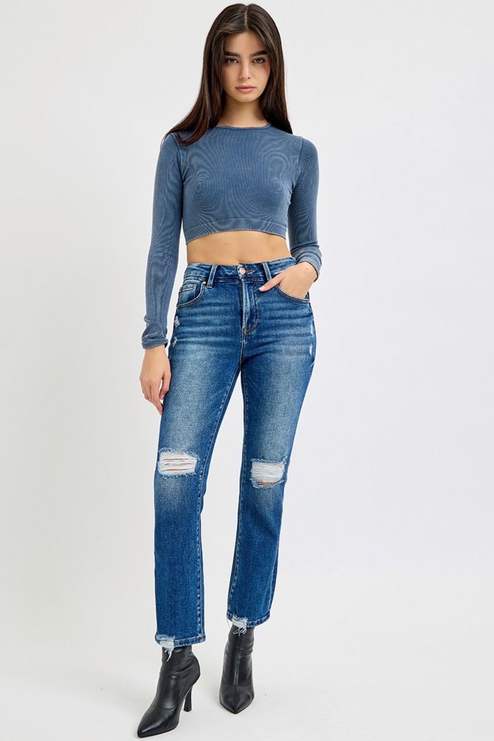 RISEN Full Size High Rise Distressed Crop Straight Jeans - Charming Charlie