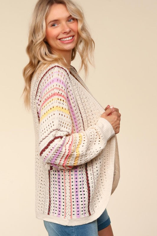 Haptics Full Size Striped Crochet Open Front Cardigan - Charming Charlie