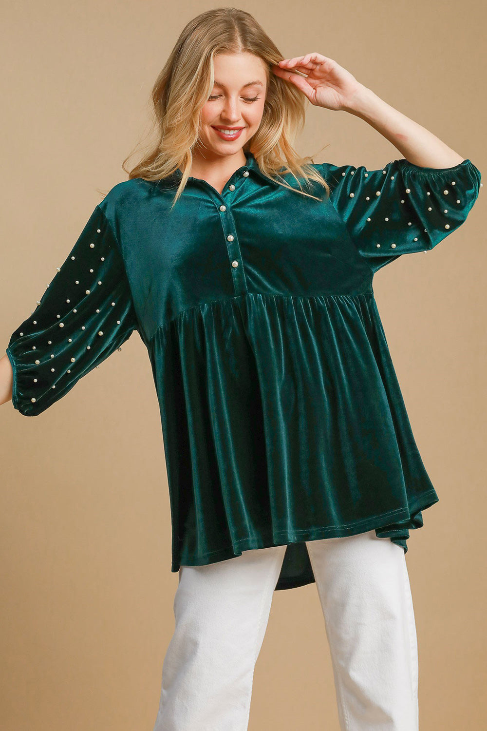 Umgee Pearl Detail Half Sleeve Velvet Babydoll Blouse - Charming Charlie