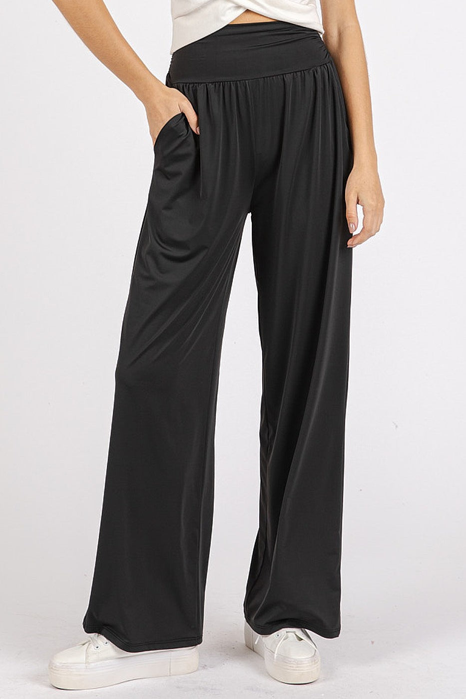 Mittoshop Stretch Banded Waist Wide Leg Pants with Pockets - Charming Charlie