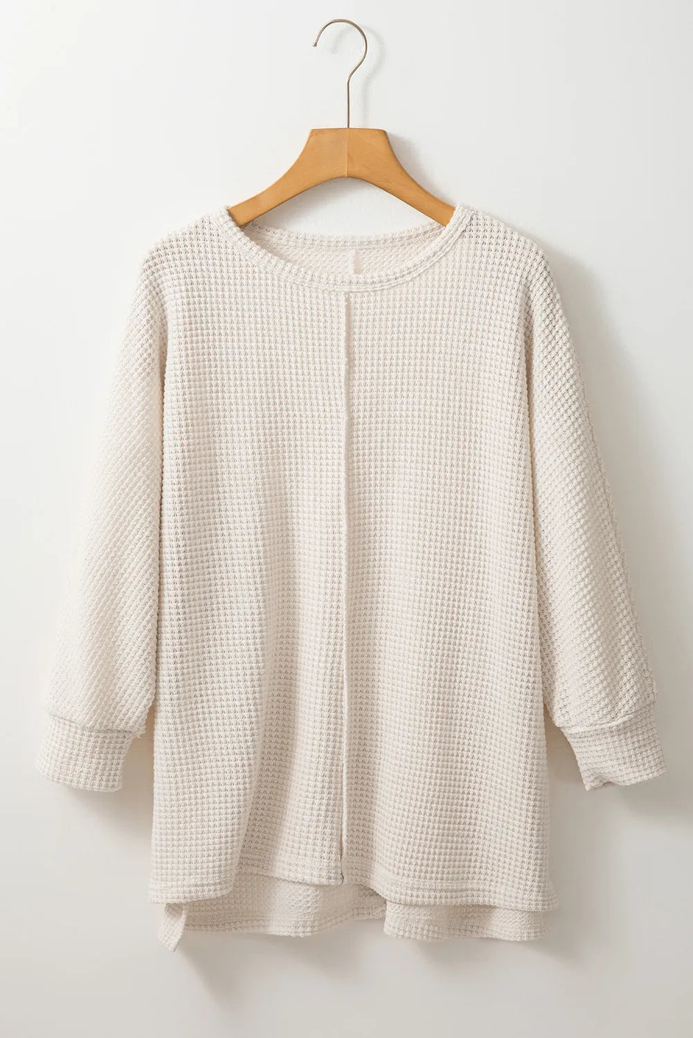 Waffle-Knit Slit Round Neck Long Sleeve Top - Charming Charlie