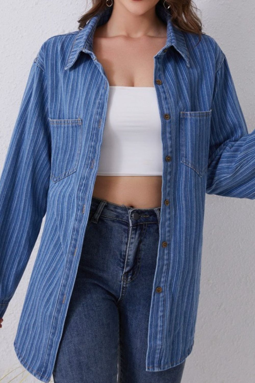 Striped Texture Collared Neck Denim Top - Charming Charlie