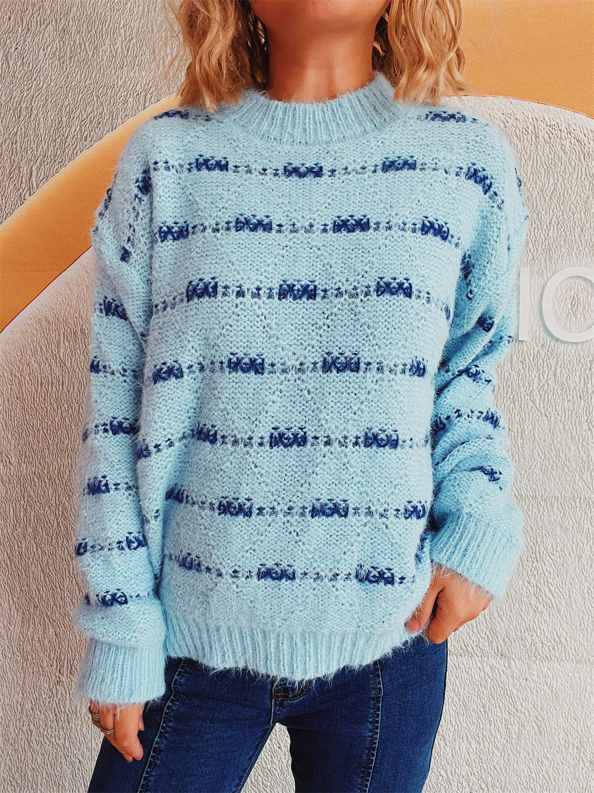 Striped Round Neck Long Sleeve Sweater - Charming Charlie