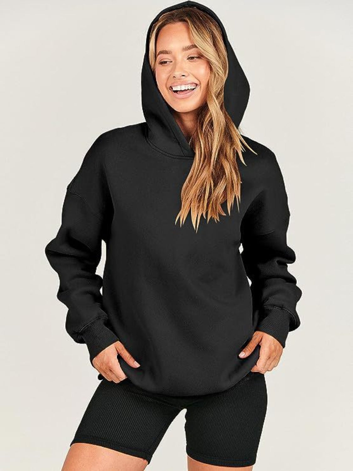 Dropped Shoulder Long Sleeve Hoodie - Charming Charlie