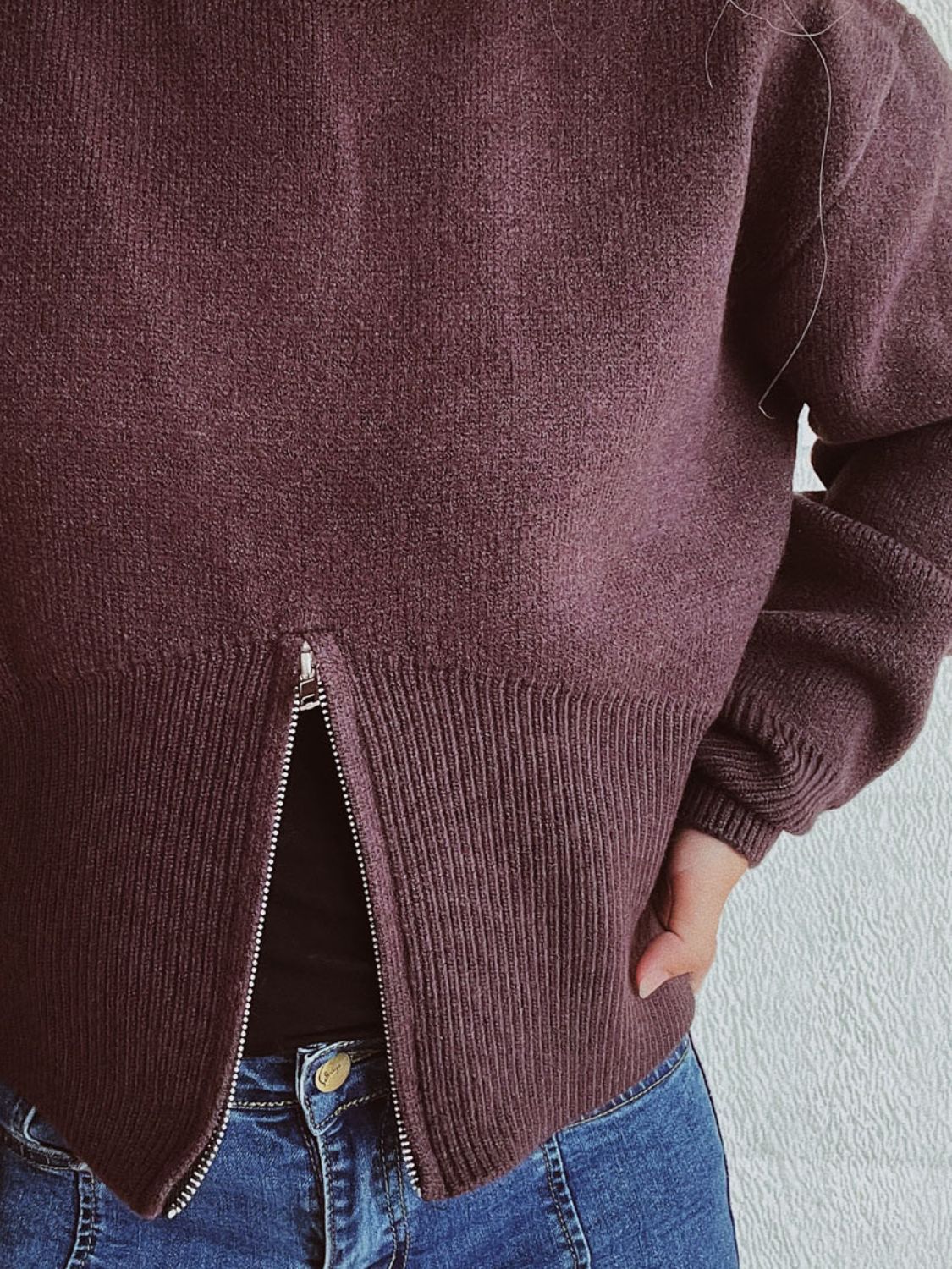 Round Neck Half Zip Long Sleeve Sweater - Charming Charlie