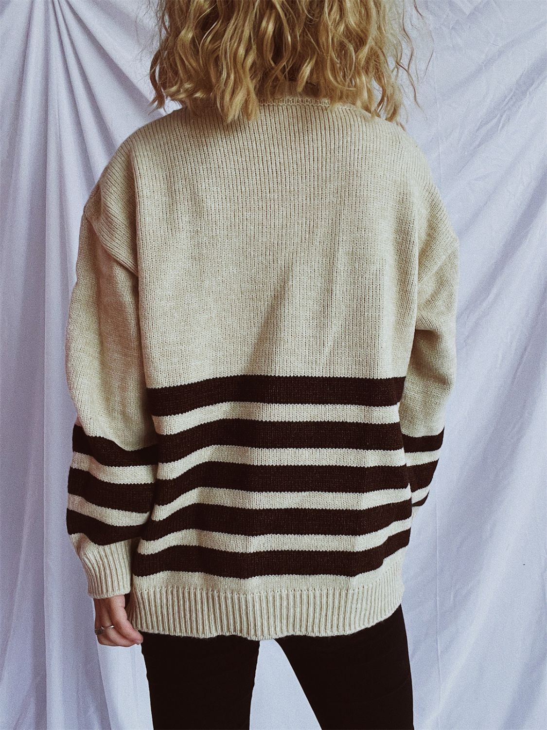 Striped Dropped Shoulder Long Sleeve Sweater - Charming Charlie