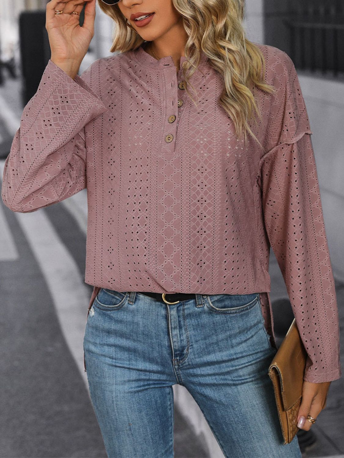 Eyelet Round Neck Long Sleeve Top - Charming Charlie