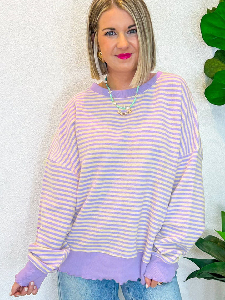 Striped Round Neck Long Sleeve Sweatshirt - Charming Charlie