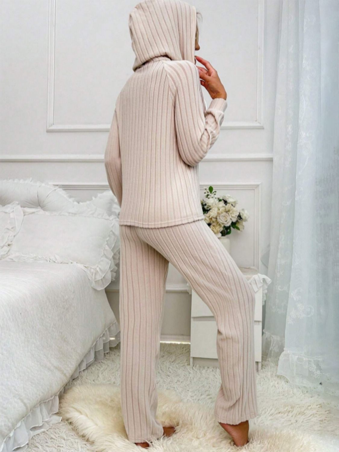 Drawstring Half Button Hooded Top and Ribbed Pants Set - Charming Charlie