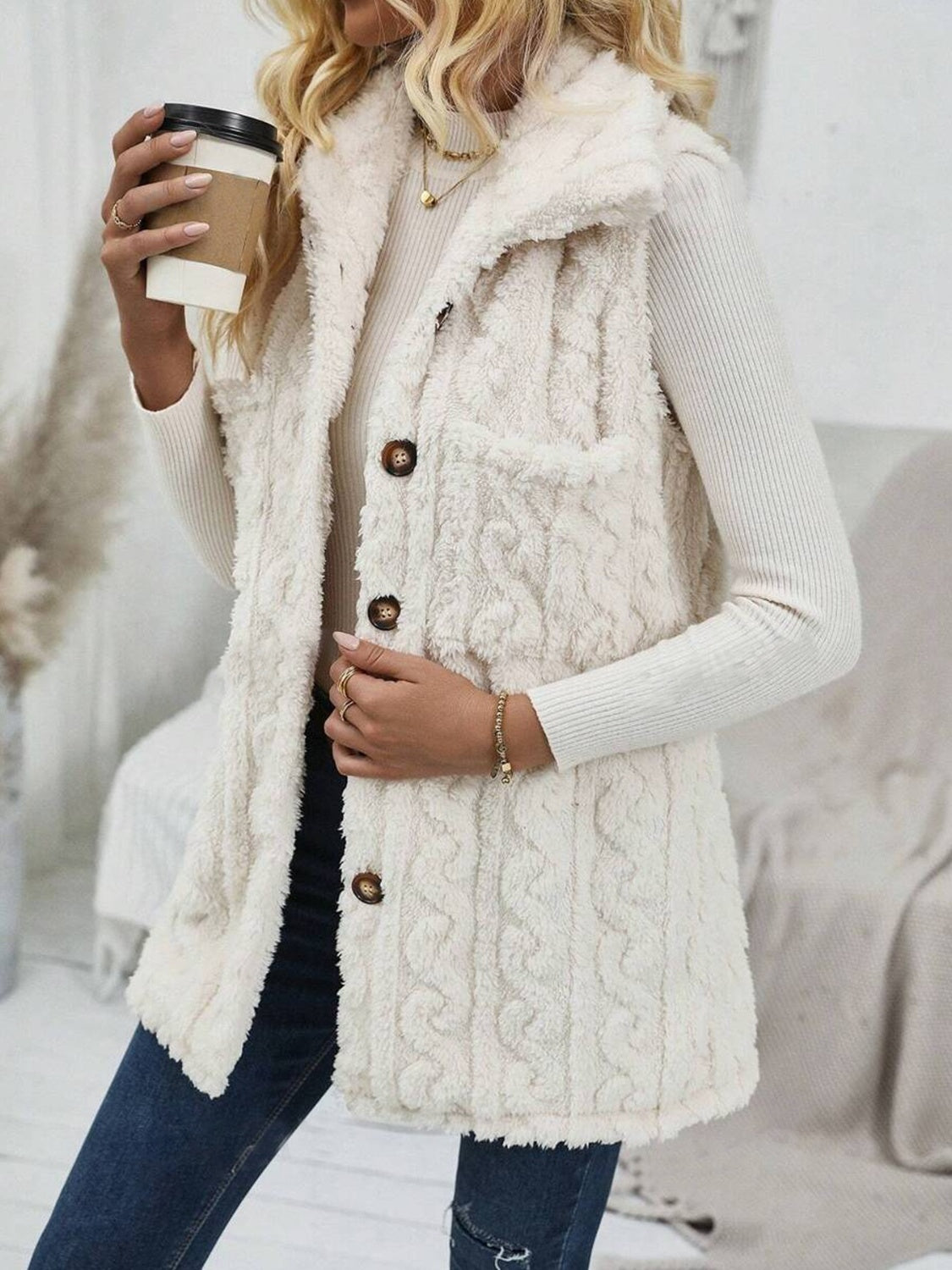 Fuzzy Button Up Vest Coat - Charming Charlie