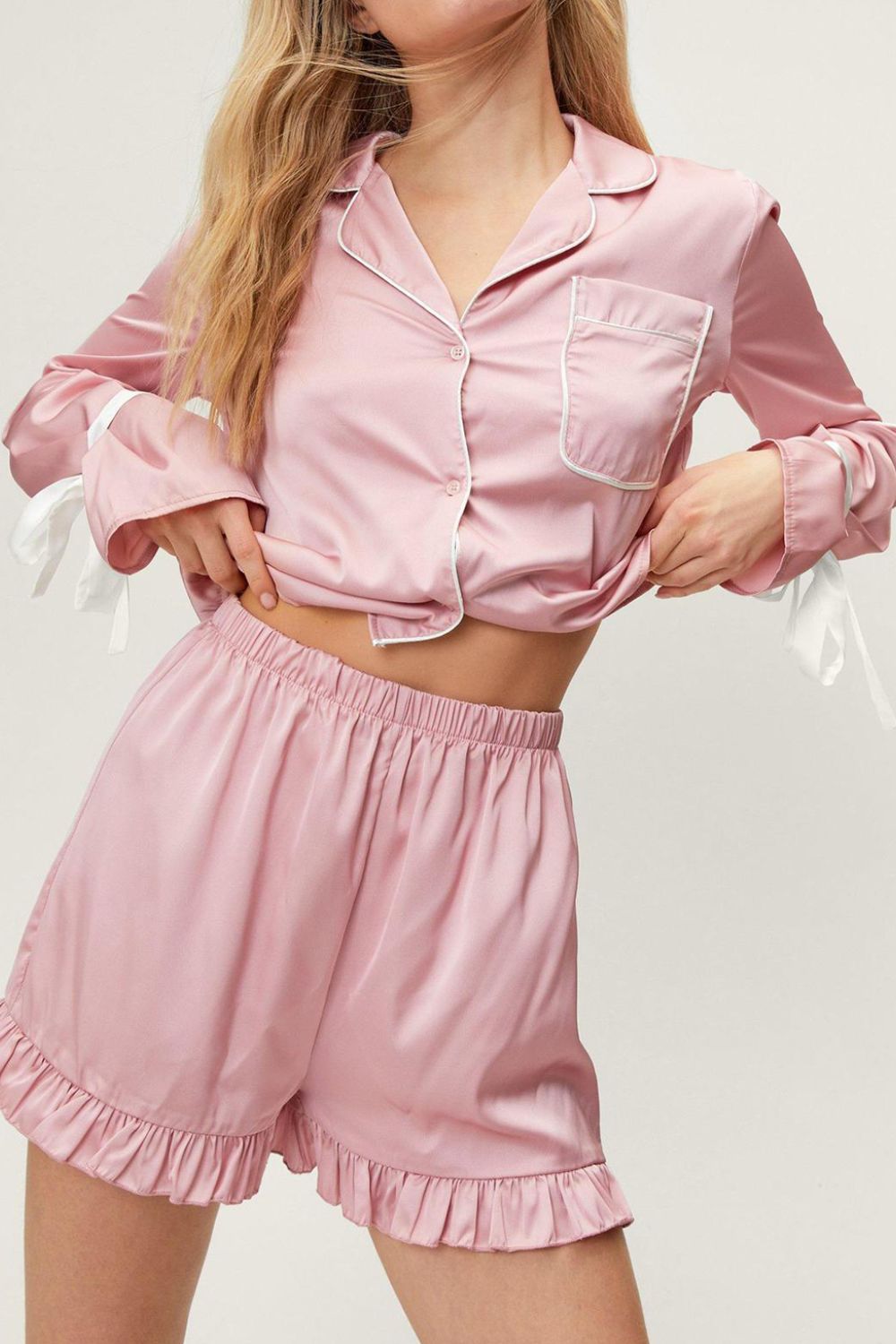 Basic Bae Tied Cuff Collared Neck Top and Frill Shorts Lounge Set - Charming Charlie