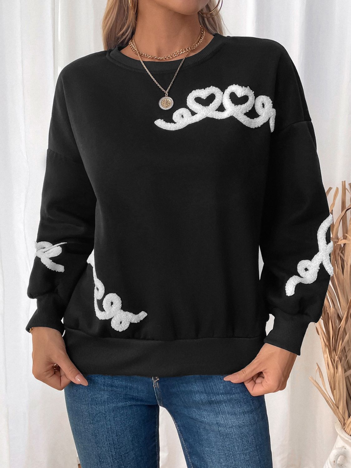 Perfee Heart Round Neck Long Sleeve Sweater - Charming Charlie