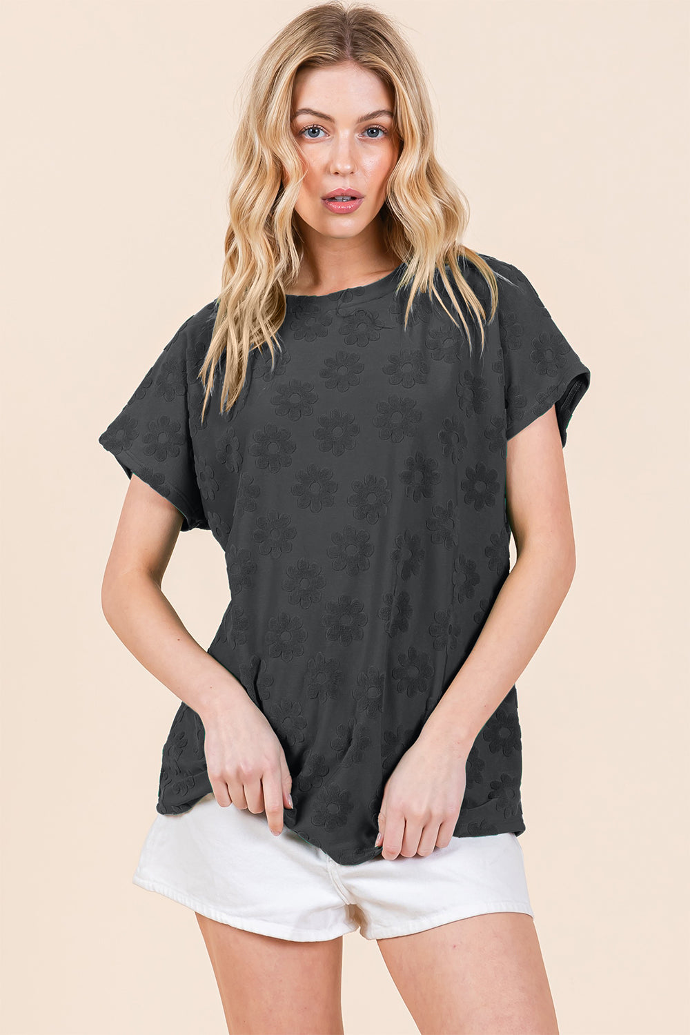 BOMBOM Textured Floral Pattern Short Sleeve T-Shirt - Charming Charlie