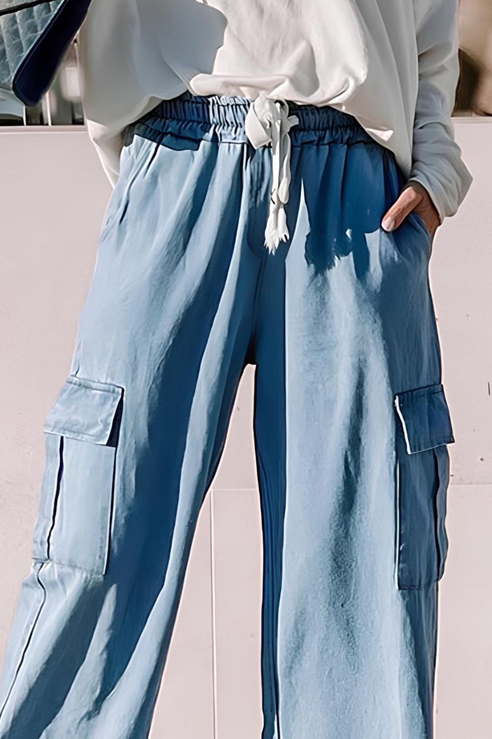 Drawstring Cargo Pocket Wide Leg Jeans - Charming Charlie