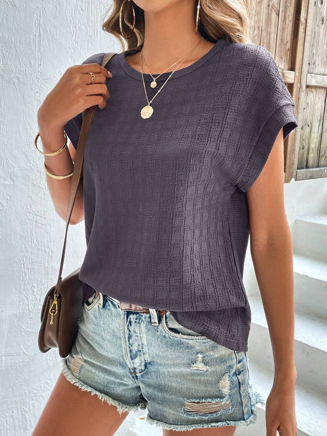 Textured Round Neck Short Sleeve Top - Charming Charlie