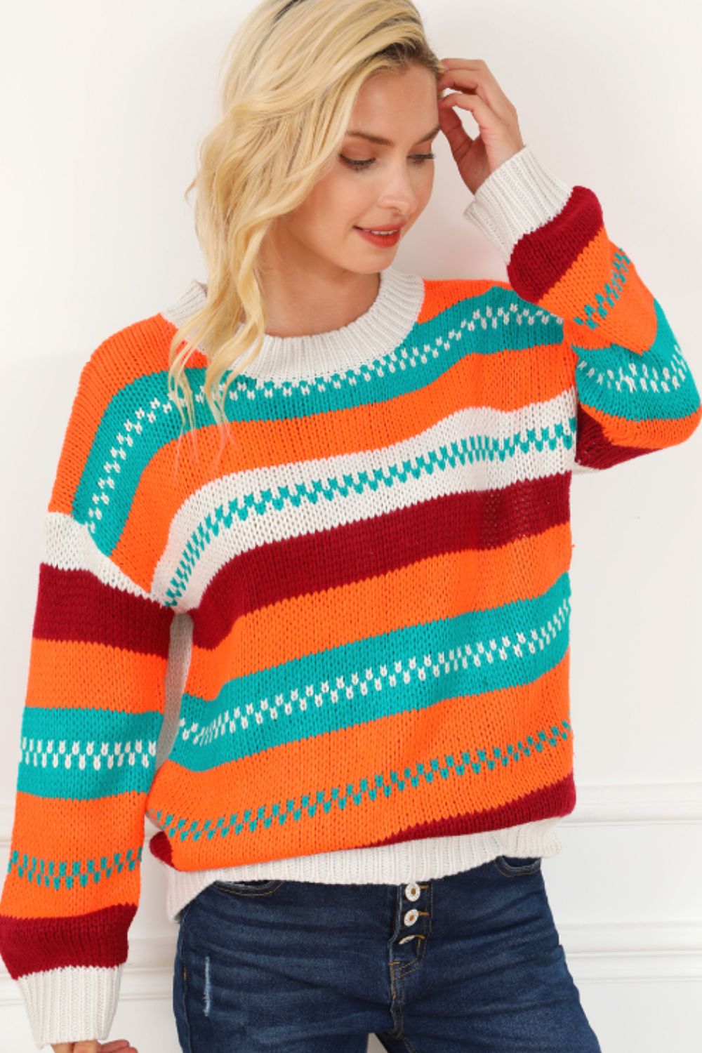 Contrast Striped Round Neck Long Sleeve Sweater - Charming Charlie