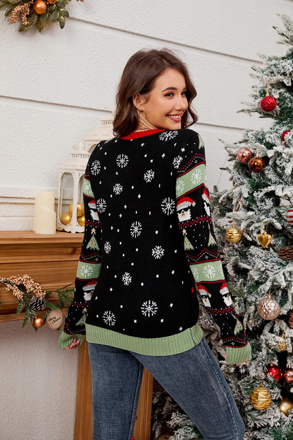 Contrast Christmas Pattern Round Neck Sweater - Charming Charlie