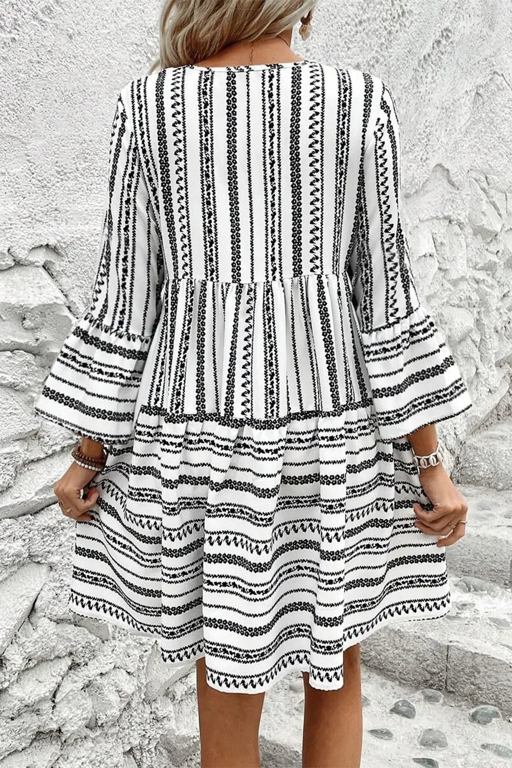 Printed Tie Neck Three-Quarter Sleeve Mini Dress - Charming Charlie