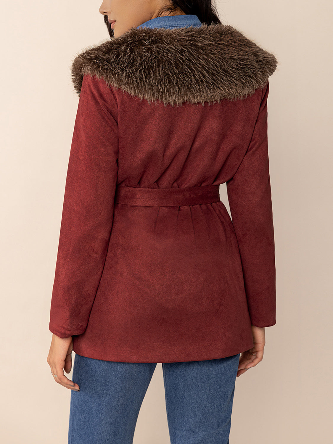 Fuzzy Collared Neck Tie Waist Jacket - Charming Charlie