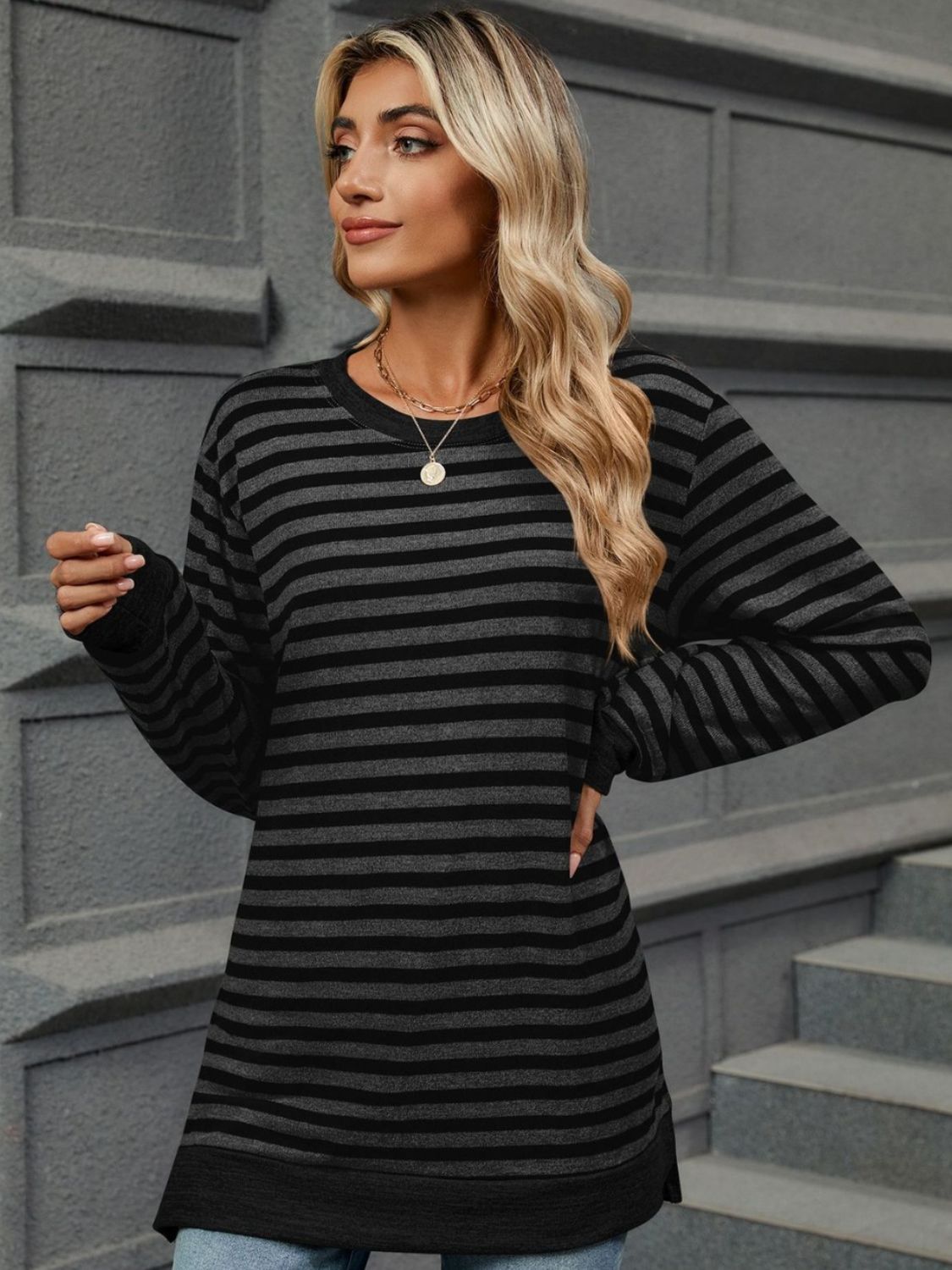 Striped Round Neck Long Sleeve T-Shirt - Charming Charlie