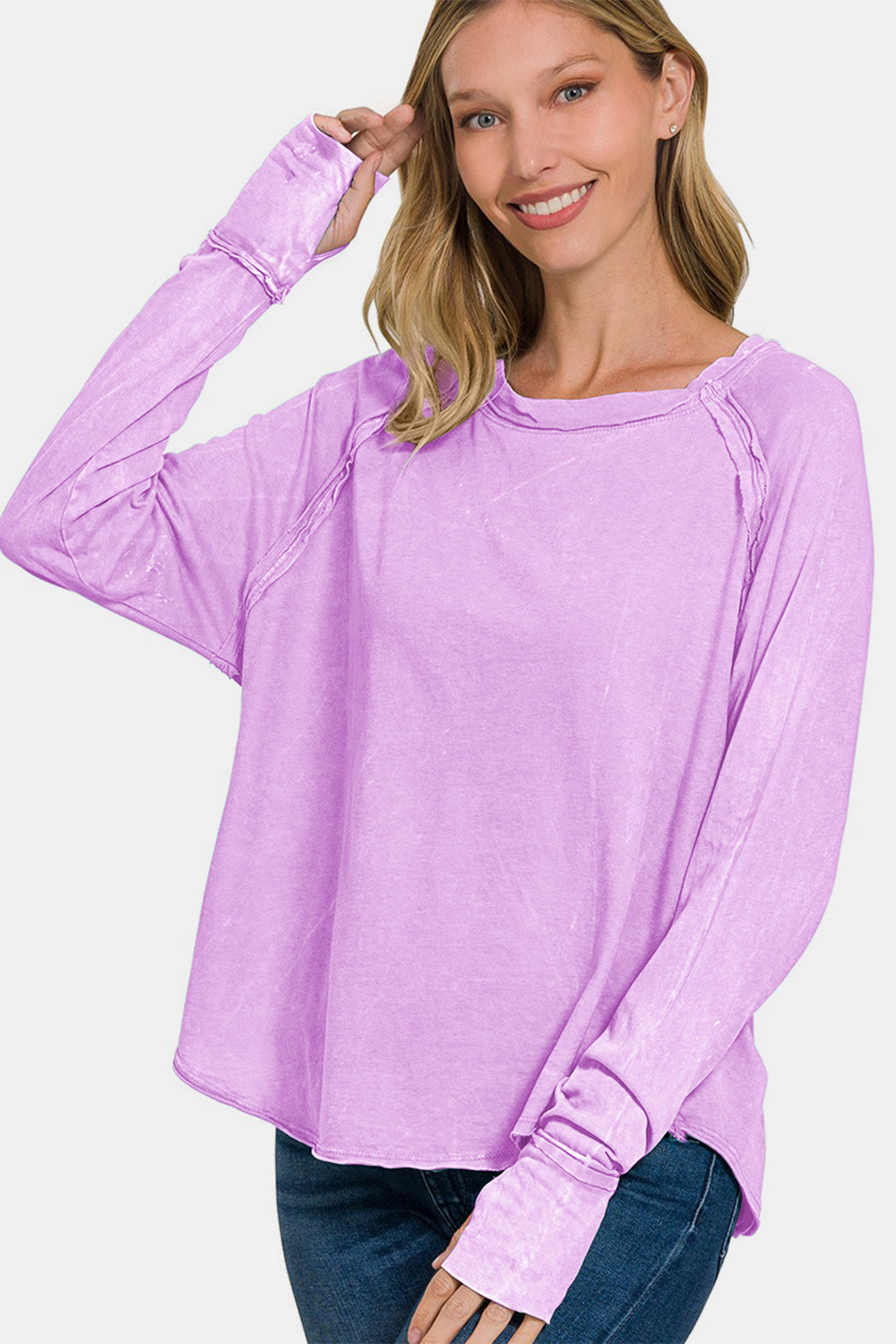 Zenana Round Neck Thumbhole Long Sleeve T-Shirt - Charming Charlie