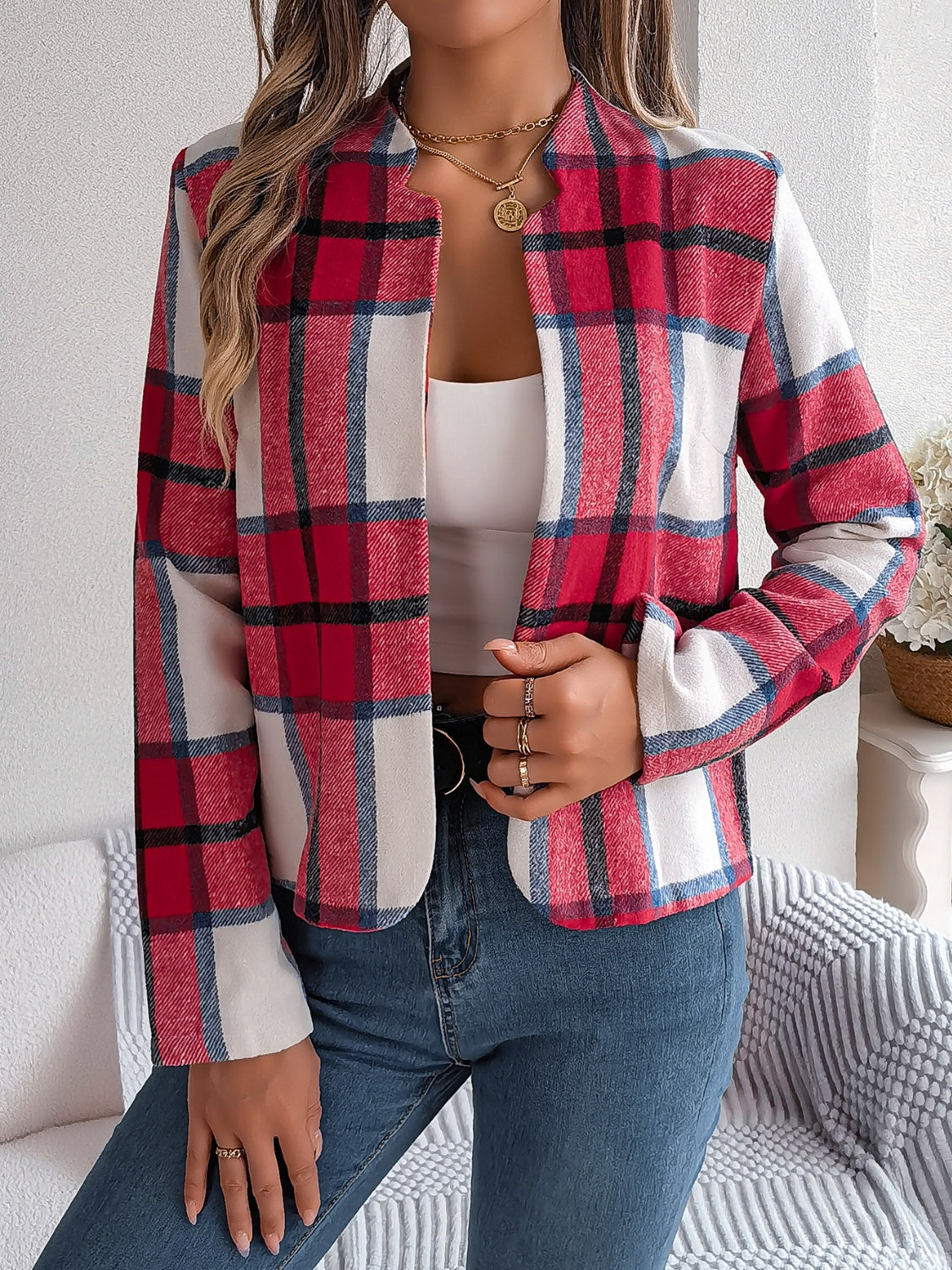 Plaid Open Front Long Sleeve Jacket - Charming Charlie
