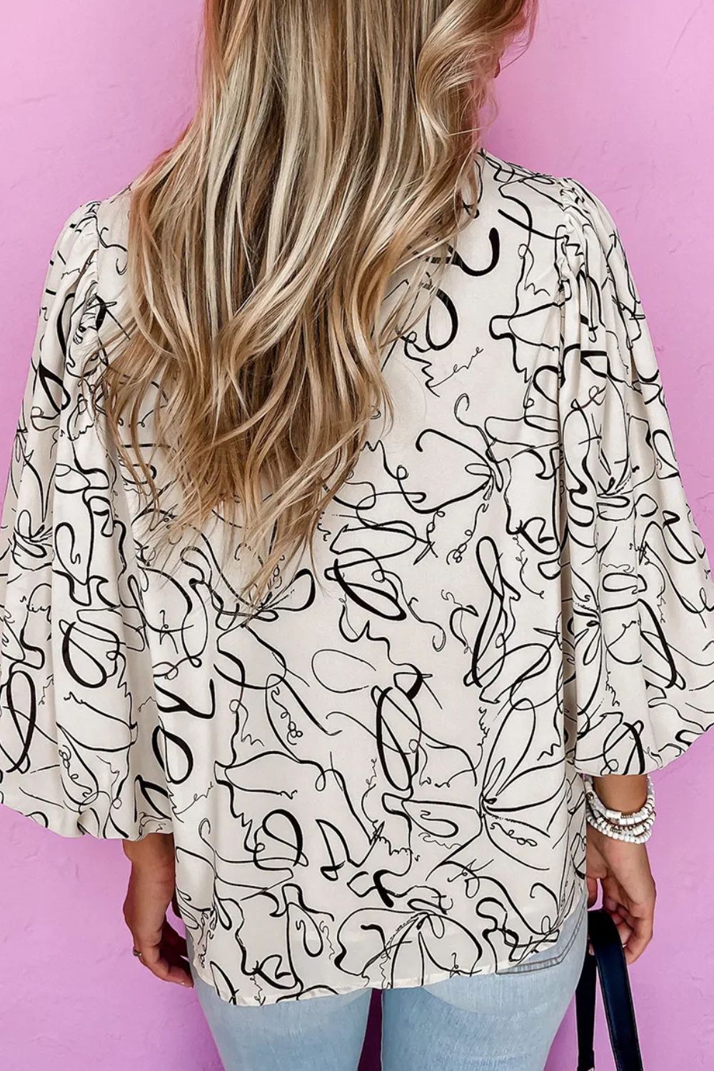 Printed Round Neck Three-Quarter Sleeve Blouse - Charming Charlie