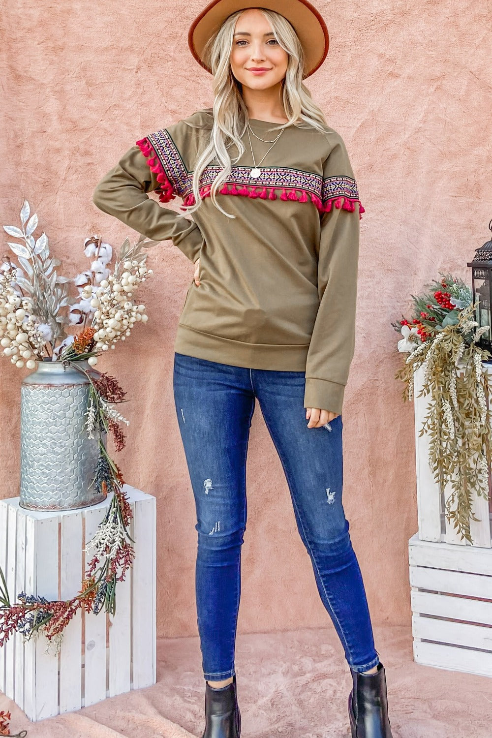 And The Why Ethnic Ribbon Tassel Trim Top - Charming Charlie