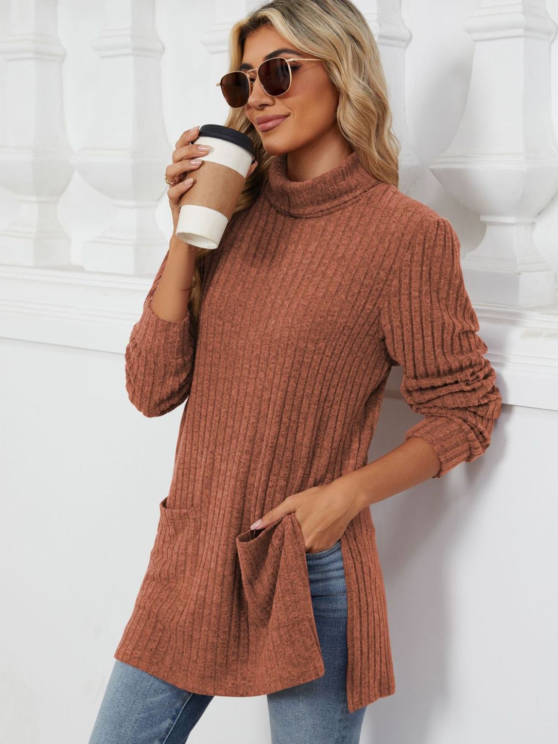 Slit Mock Neck Long Sleeve T-Shirt - Charming Charlie