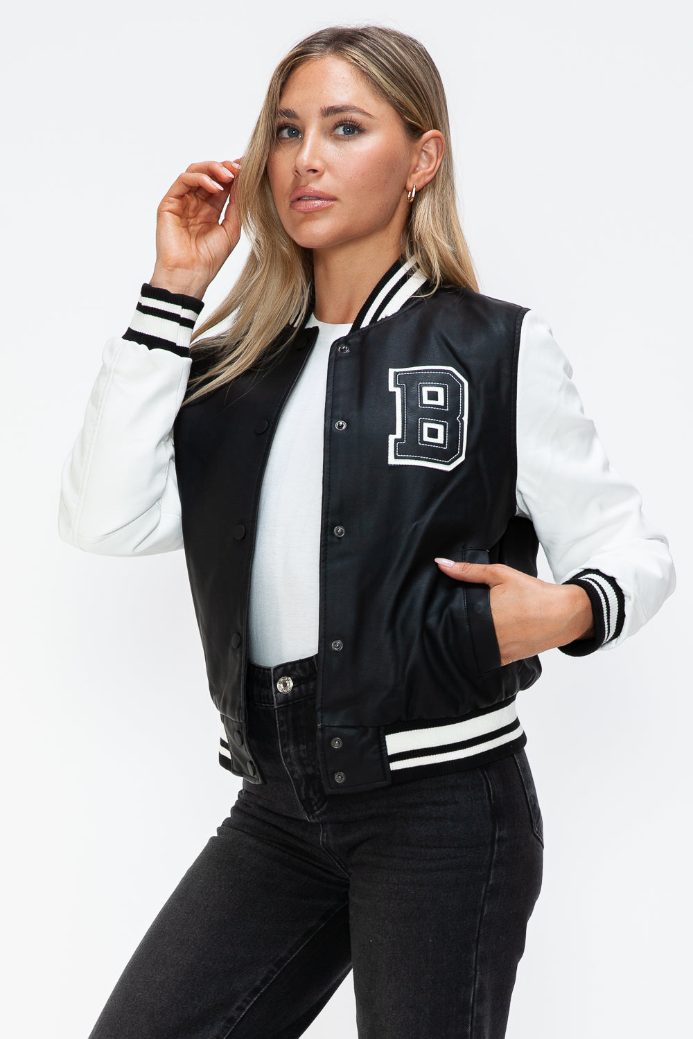 Love Me Now PU Leather Contrast Snap Down Bomber Jacket - Charming Charlie
