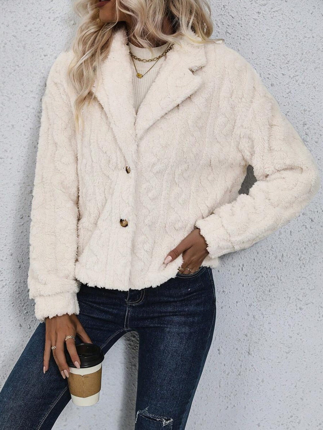 Fuzzy Button Up Collared Neck Jacket - Charming Charlie