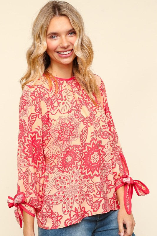 Haptics Ribbon Bow Detail Floral Round Neck Blouse - Charming Charlie