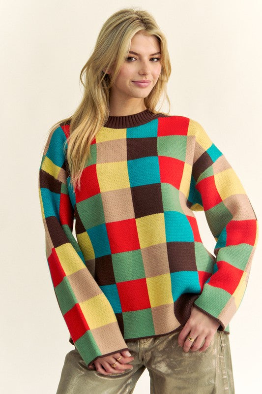 Davi & Dani Color Block Checkered Dropped Shoulder Sweater - Charming Charlie