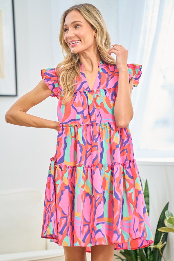 First Love Full Size Printed Ruffle Cap Sleeve Tiered Dress - Charming Charlie