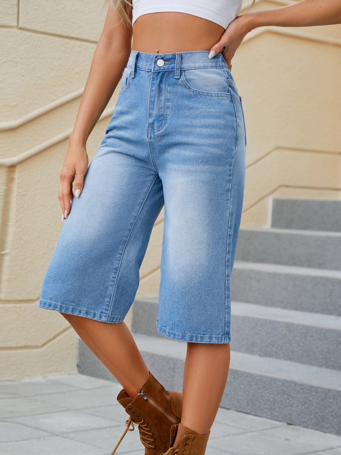 High Waist Denim Shorts with Pockets - Charming Charlie