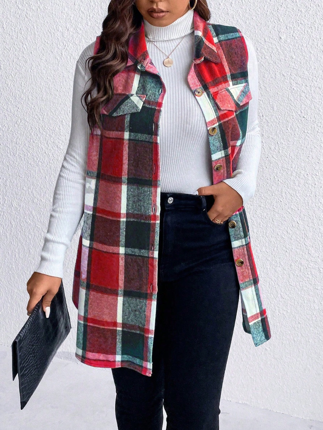Honey Plus Size Pocketed Plaid Button Up Vest Coat - Charming Charlie