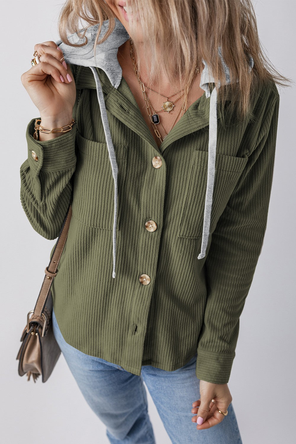 Drawstring Button Up Long Sleeve Hooded Jacket - Charming Charlie