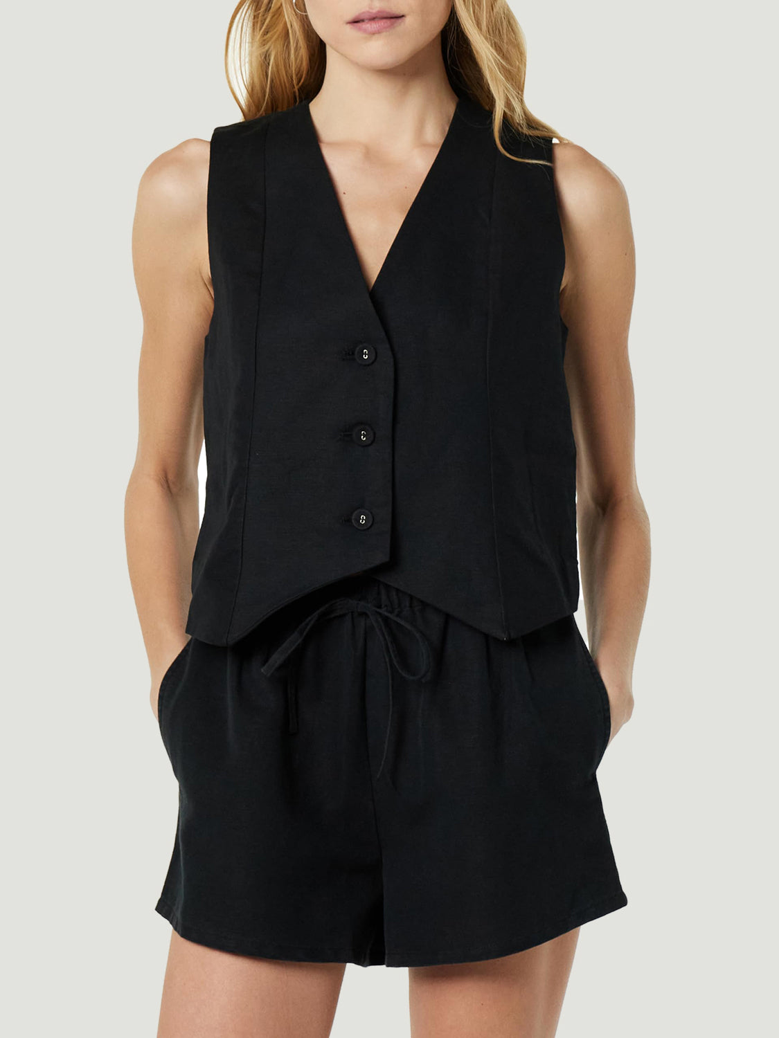 Button Up V-Neck Top and Pocketed Shorts Set - Charming Charlie