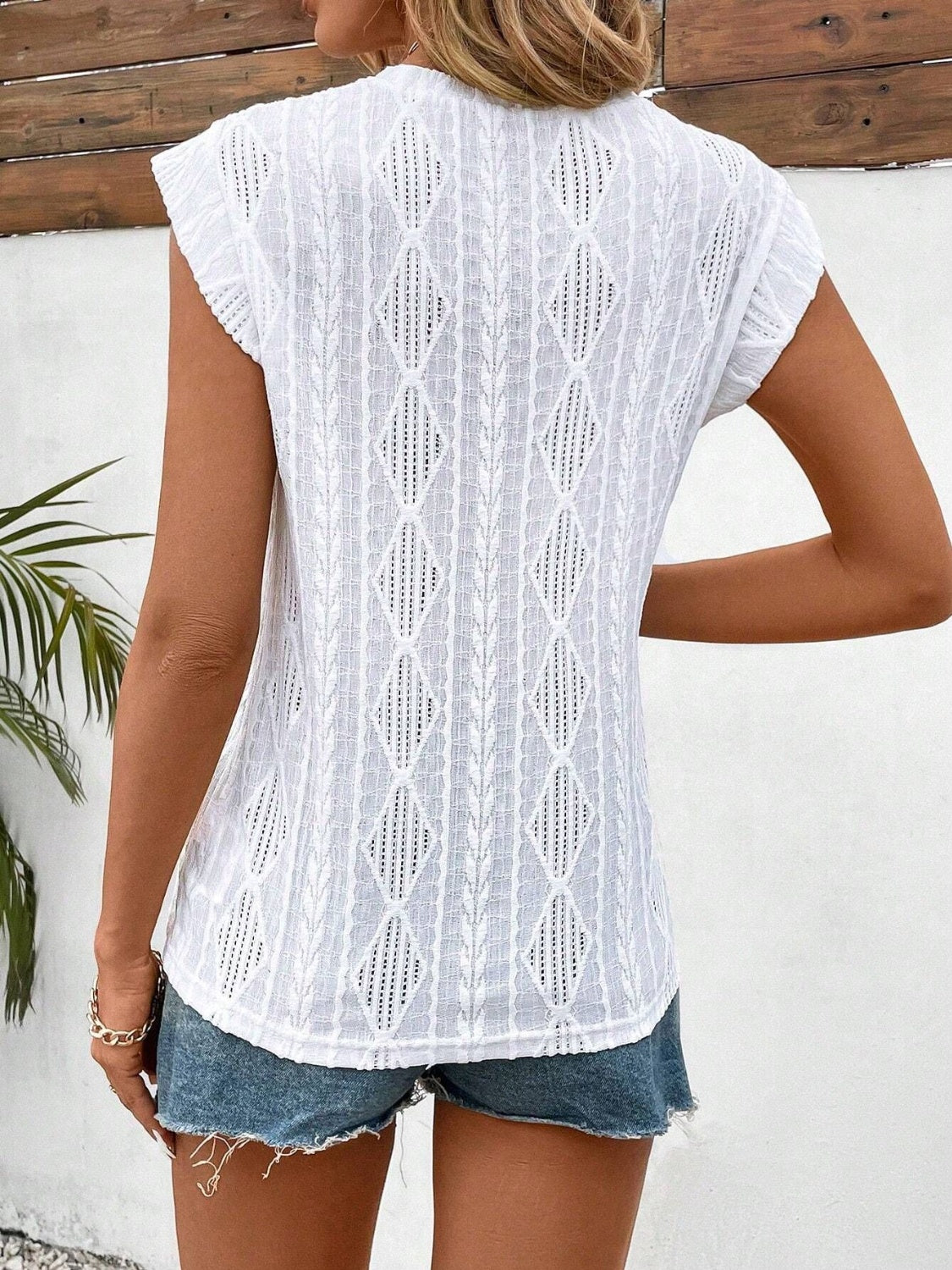 Openwork Round Neck Cap Sleeve Top - Charming Charlie