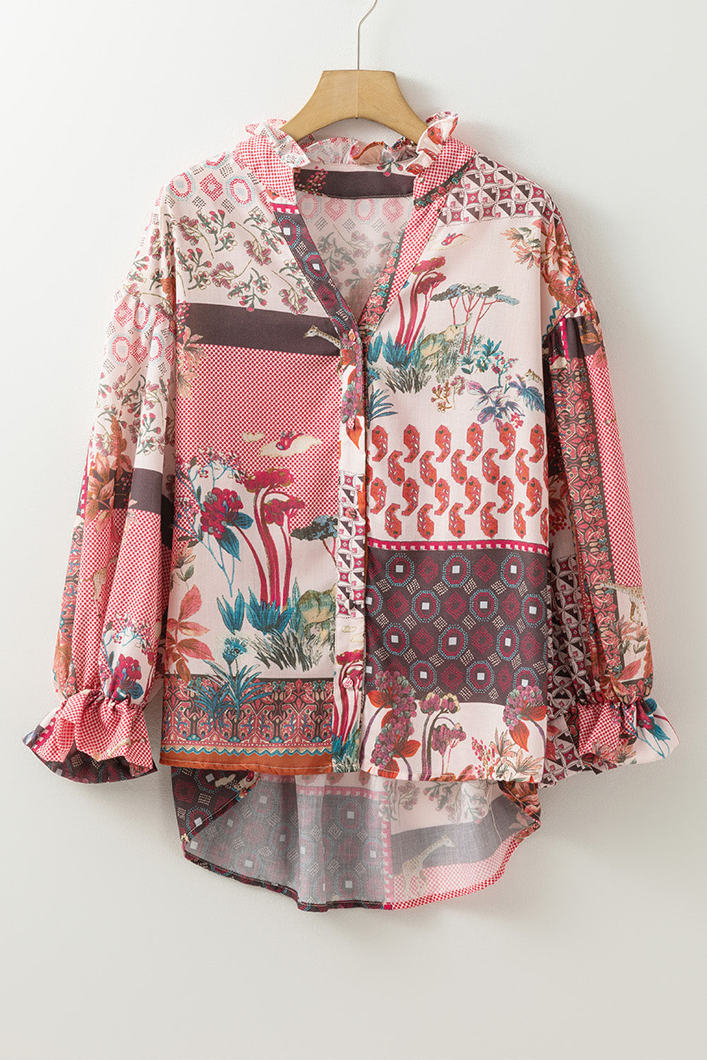 Patchwork Printed Notched Flounce Sleeve Shirt - Charming Charlie