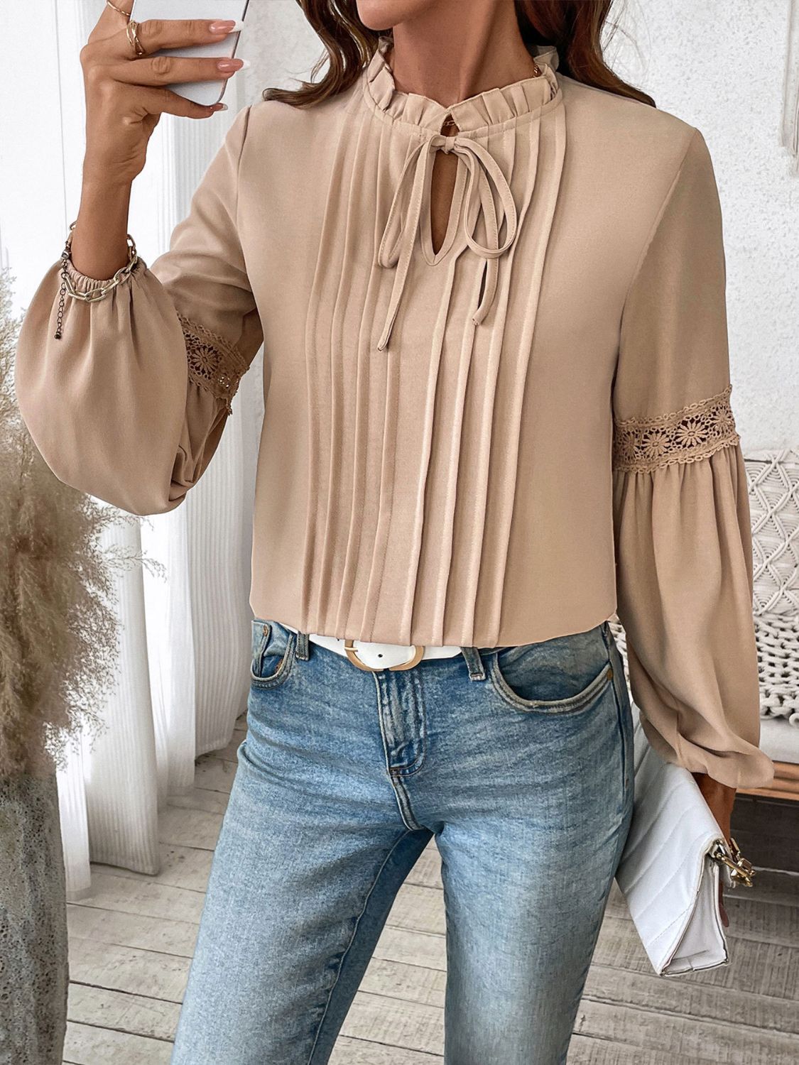 Perfee Frill Tie Neck Long Sleeve Blouse - Charming Charlie
