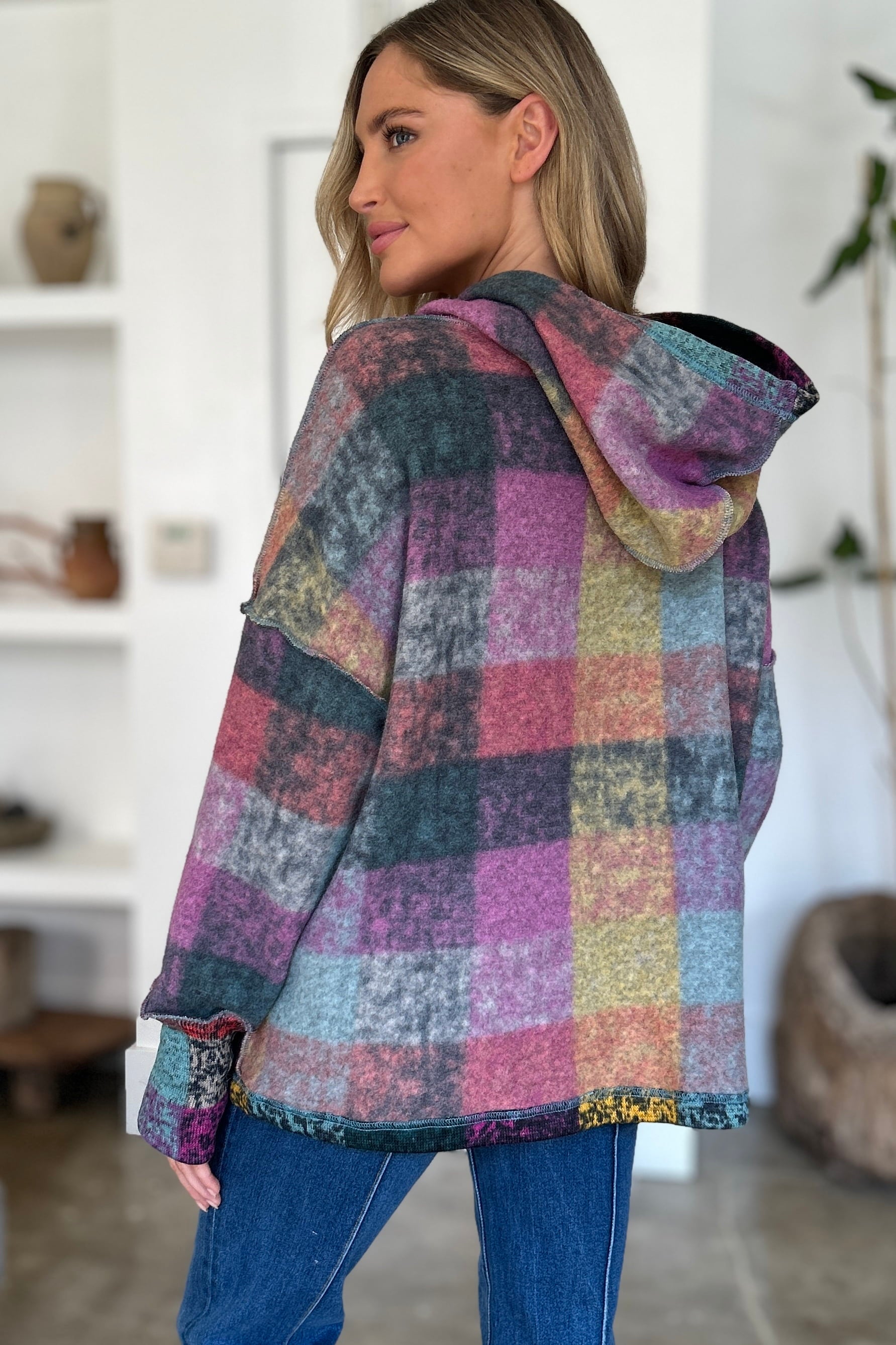 Double Take Full Size Plaid Dropped Shoulder Fleece Hoodie - Charming Charlie