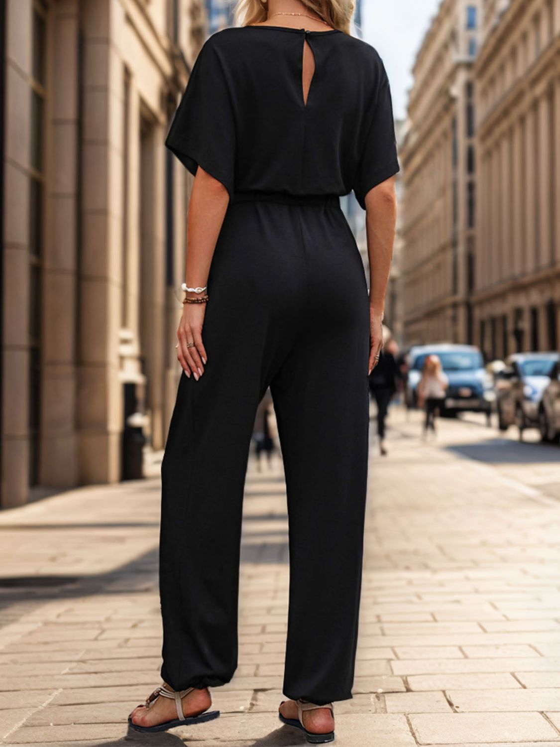 Notched Half Sleeve Straight Jumpsuit - Charming Charlie