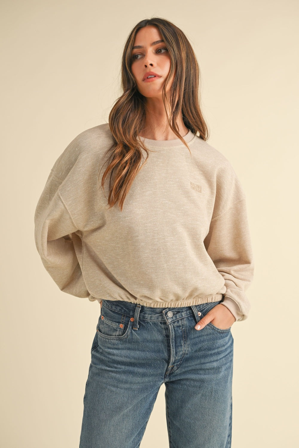 Mable Round Neck Letter Embroidery Crop Sweatshirt - Charming Charlie