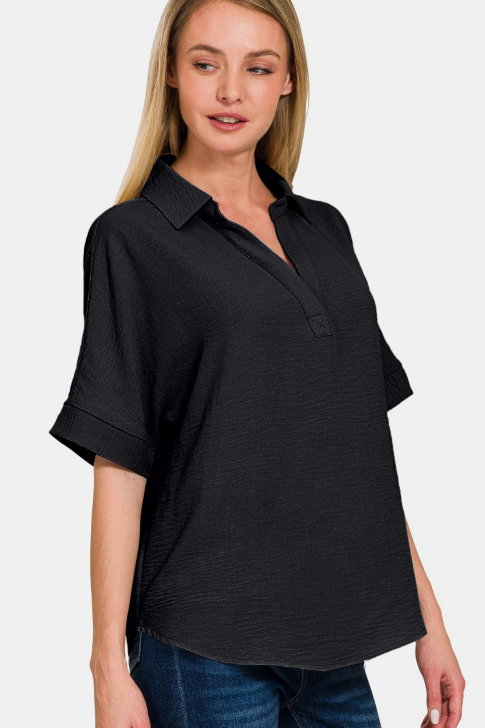 Zenana Full Size Texture Collared Neck Short Sleeve Top - Charming Charlie