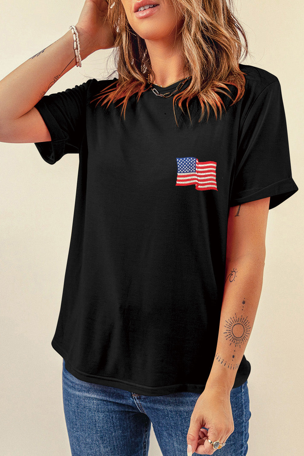 US Flag Round Neck Short Sleeve T-Shirt - Charming Charlie