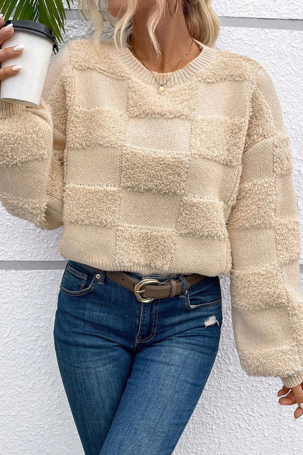 Checkered Round Neck Dropped Shoulder Sweater - Charming Charlie